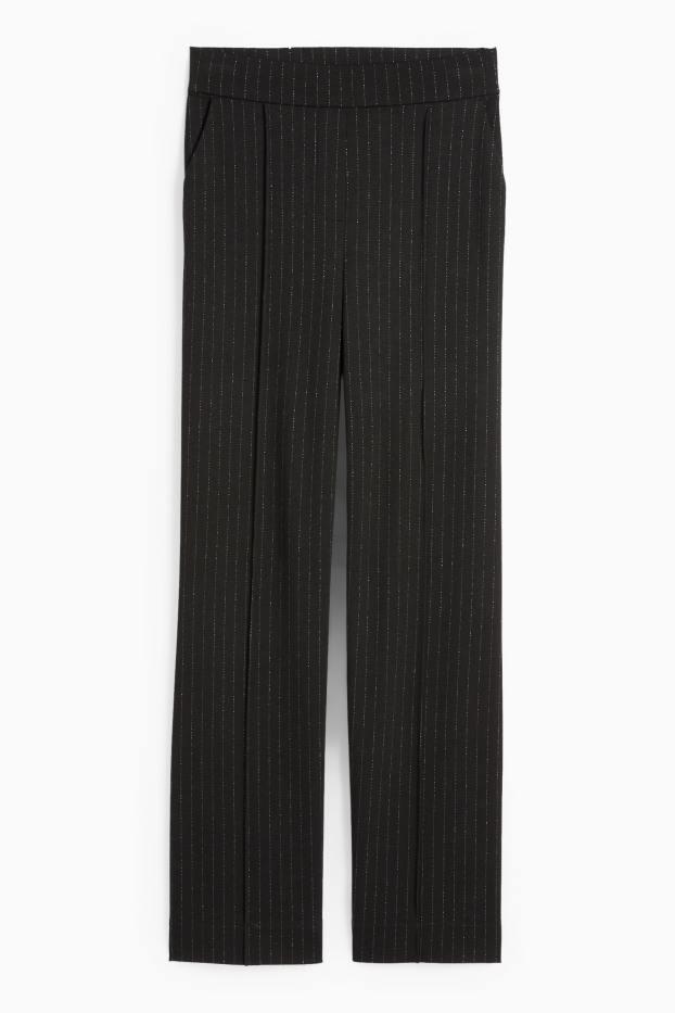 Dámské - Žerzejové kalhoty - mid waist - wide leg - s úzkými proužky - černá