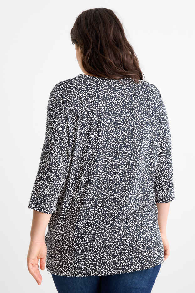 Dames - T-shirt met V-hals - gebloemd - donkerblauw