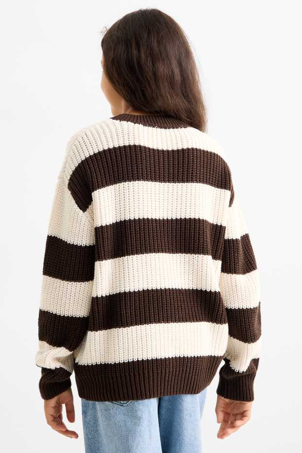 Kinder Mädchen - Pullover - gerippt - gestreift - braun / cremeweiss