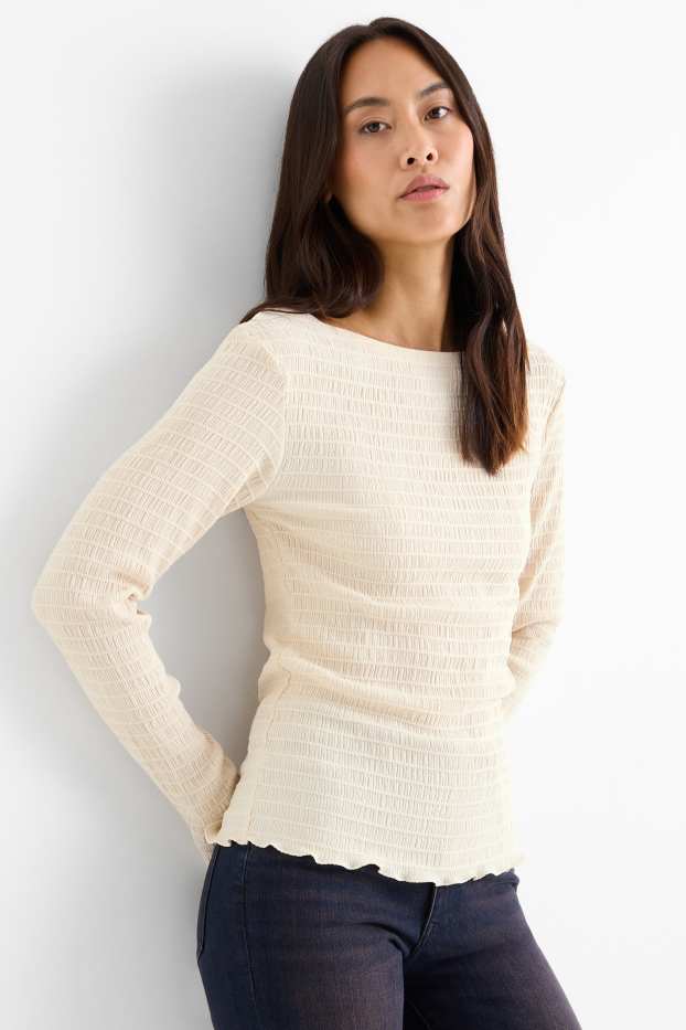 Women - Long sleeve top - regular fit - smocked - cremewhite
