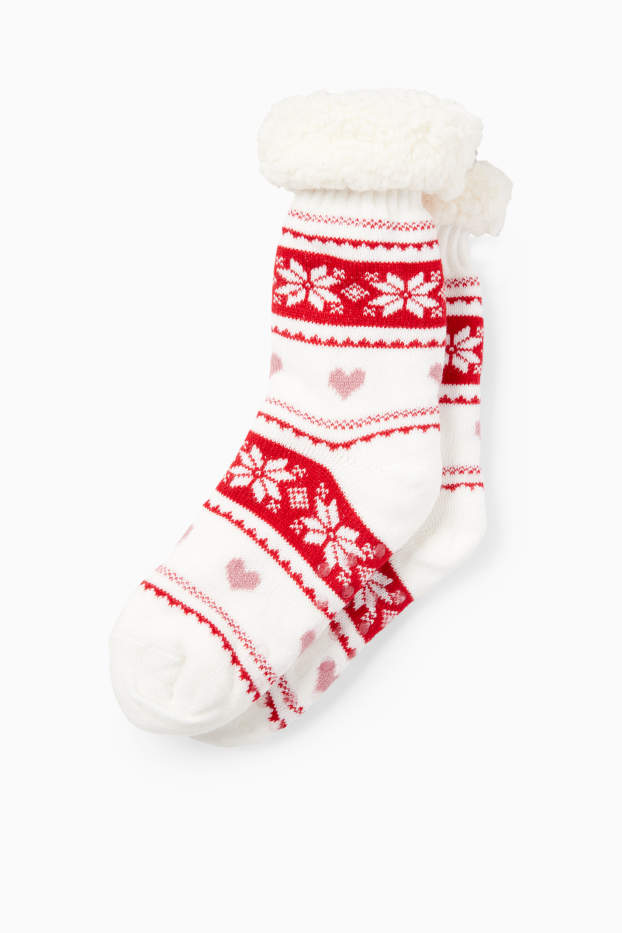 Damen - Anti-Rutsch-Socken - gemustert - weiss / rot
