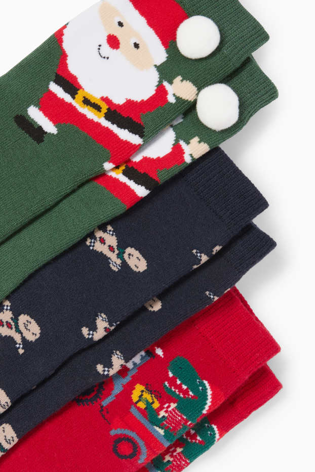 Kinder Buben - Multipack 3er - Santa und Dino - Weihnachts-Socken mit Motiv - dunkelgrün / rot