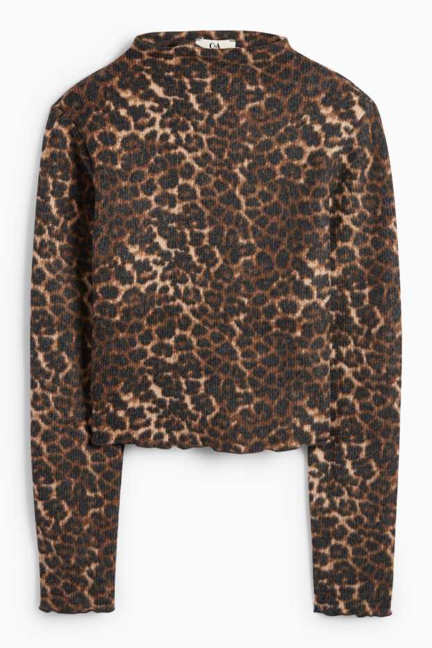 Damen - Crop Langarmshirt - Slim Fit - Leo-Print - schwarz / beige