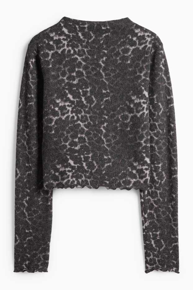 Damen - Crop Langarmshirt - Slim Fit - Leo-Print - schwarz / grau