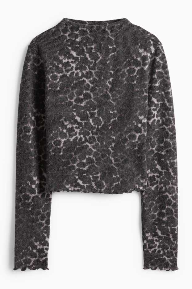 Damen - Crop Langarmshirt - Slim Fit - Leo-Print - schwarz / grau