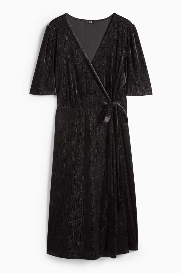 Damen - Samt-Wickelkleid - Straight Fit - schwarz