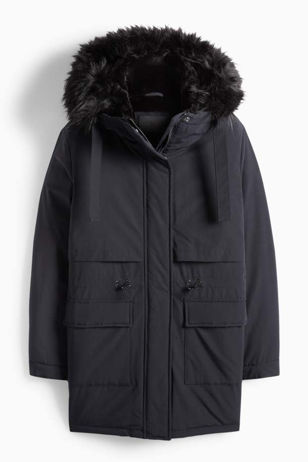 Dames - Parka met capuchon - gevoerd - waterafstotend - zwart