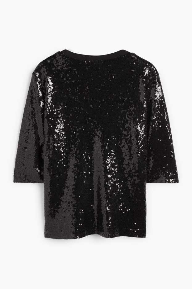 Damen - Pailletten-Bluse - Mesh - schwarz
