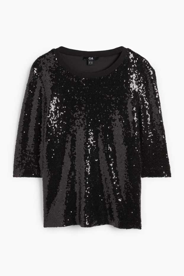 Damen - Pailletten-Bluse - Mesh - schwarz