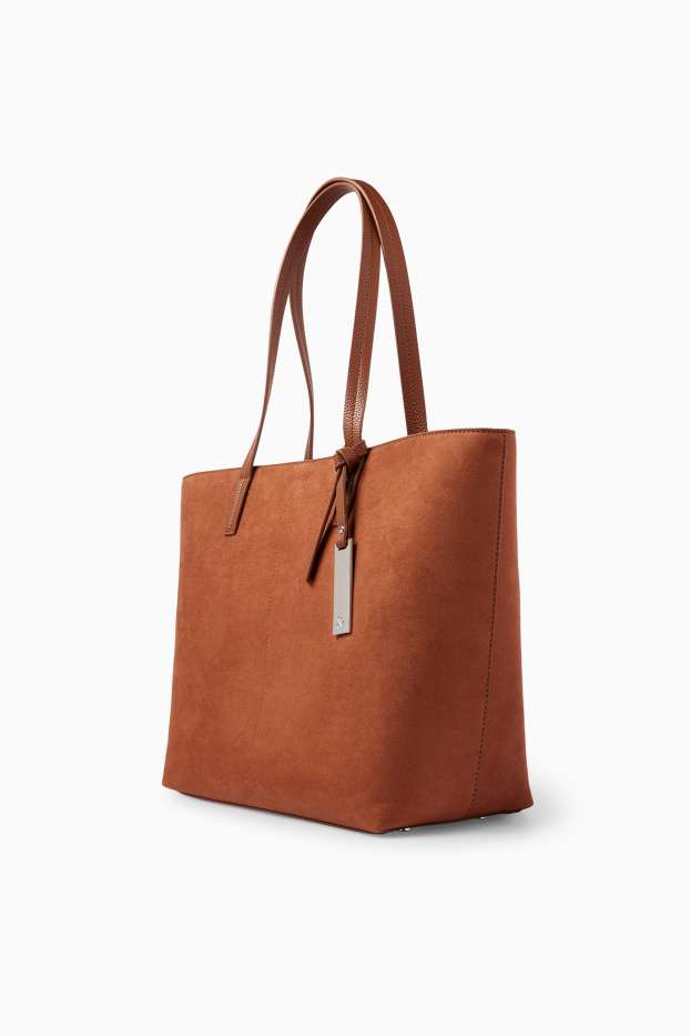 Damen - Großer Shopper - Velourslederimitat - braun