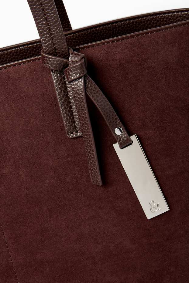 Damen - Großer Shopper - Velourslederimitat - dunkelbraun