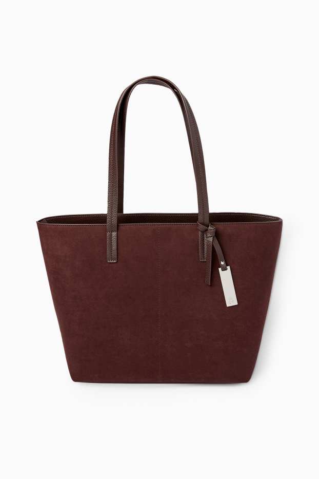 Damen - Großer Shopper - Velourslederimitat - dunkelbraun