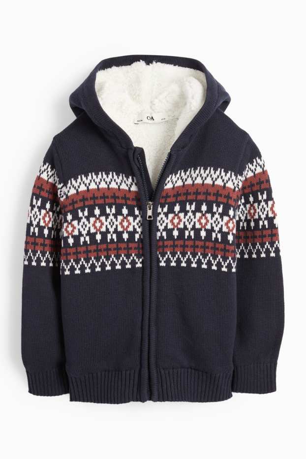 Kinder Buben - Strickjacke mit Kapuze - gemustert - dunkelblau