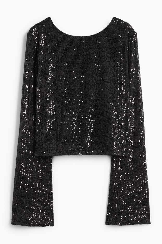 Dámské - Krátké pajetkové tričko s dlouhým rukávem - slim fit - černá