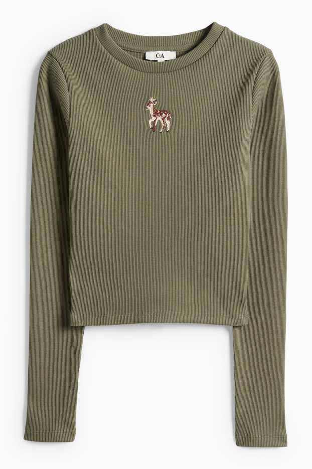 Donna - Maglia a maniche lunghe corta - slim fit - a coste - kaki