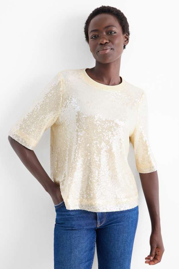 Women - Sequin blouse - mesh - cremewhite