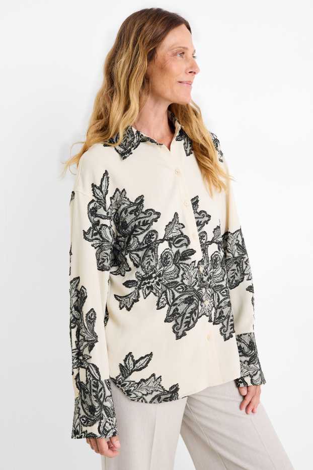 Femmes - Chemisier - à fleurs - texturé - noir / beige