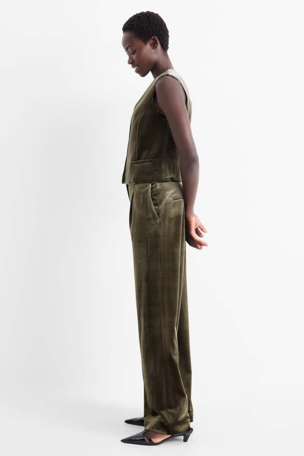 Dámské - Business sametové kalhoty - mid waist - wide leg - zelená