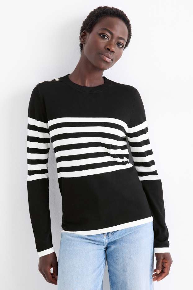 Damen - Pullover - gestreift - schwarz / weiss