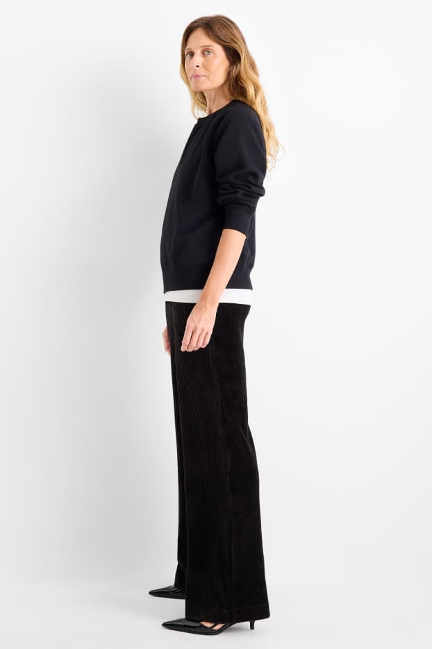Women - Velvet trousers - high waist - wide leg - ribbed - black