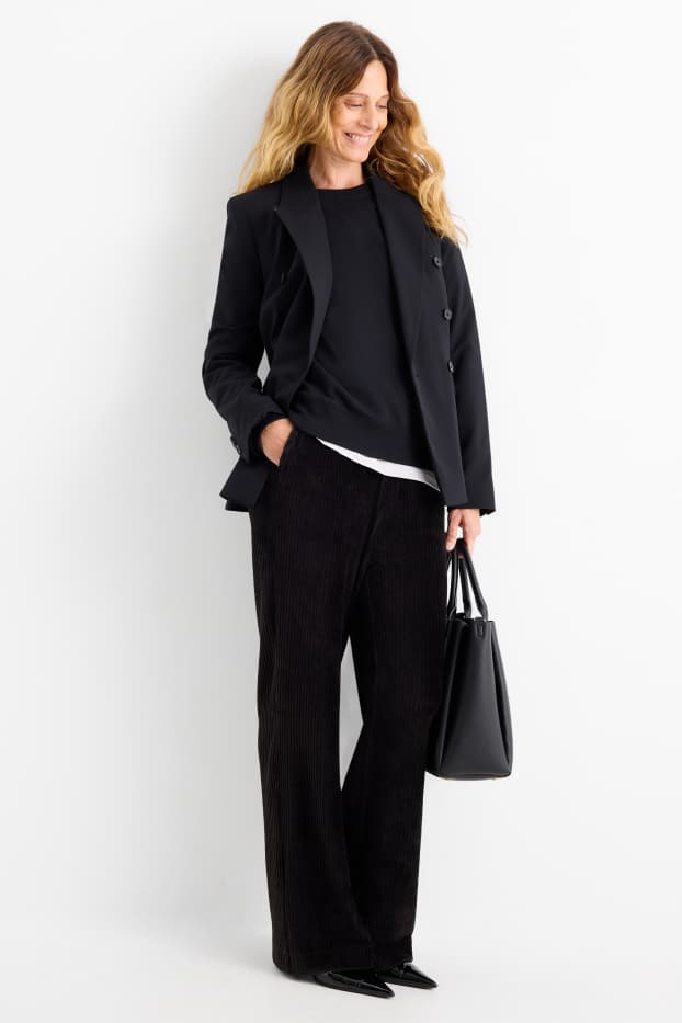 Women - Velvet trousers - high waist - wide leg - ribbed - black