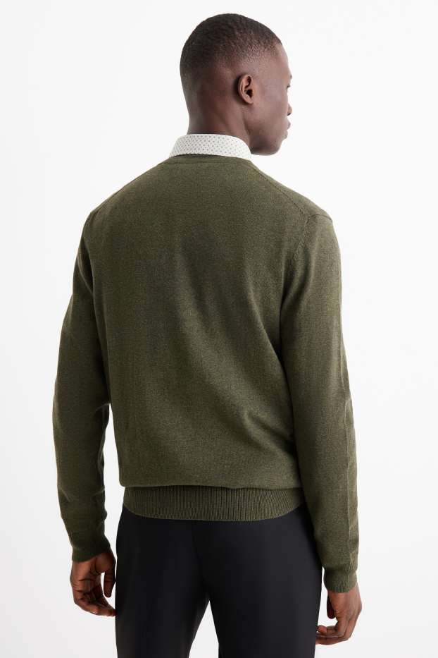 Men - Set - V-neck jumper and business shirt - 2 piece - dark green