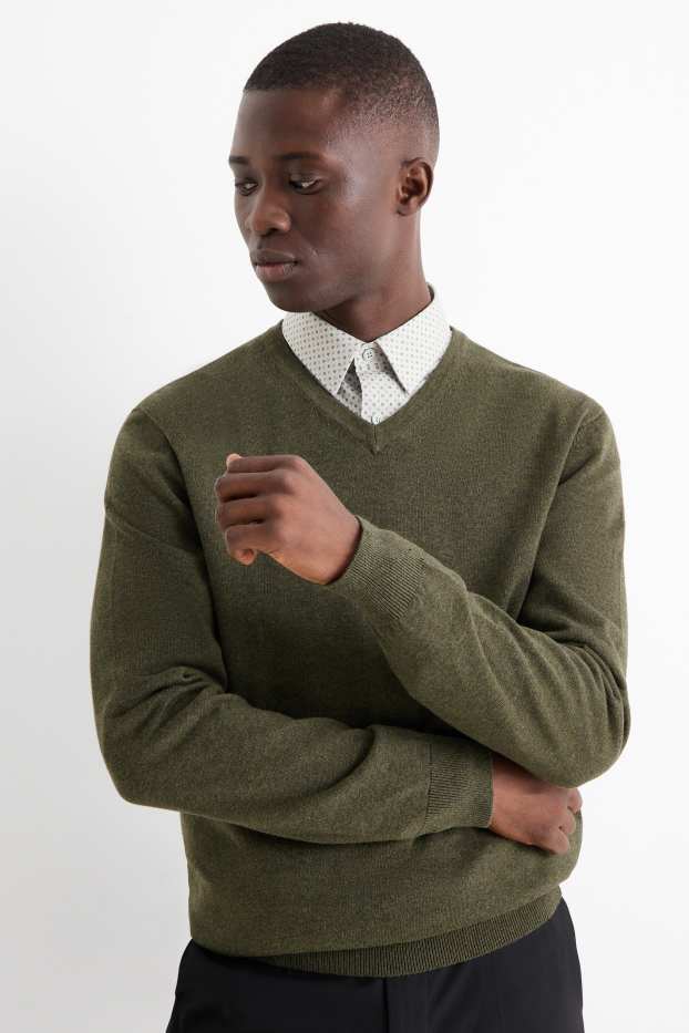 Men - Set - V-neck jumper and business shirt - 2 piece - dark green