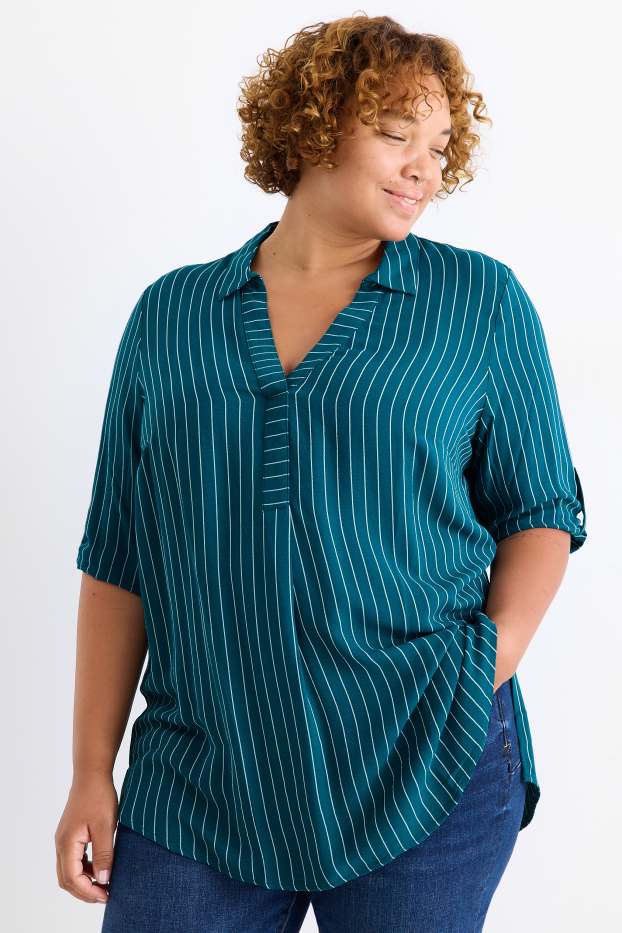 Mujer - Blusa con escote en pico - de rayas - petróleo