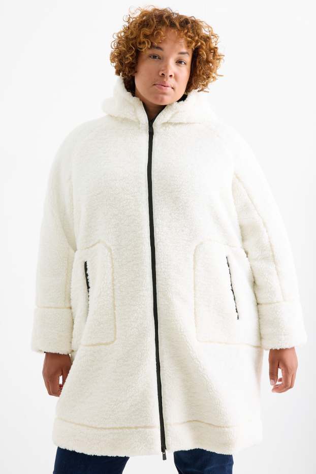 Femmes - Manteau en peluche à capuche - blanc crème