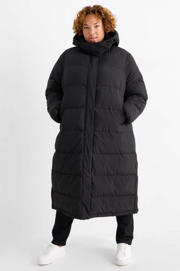 Femmes - Doudoune longue à capuche - finition déperlante - noir