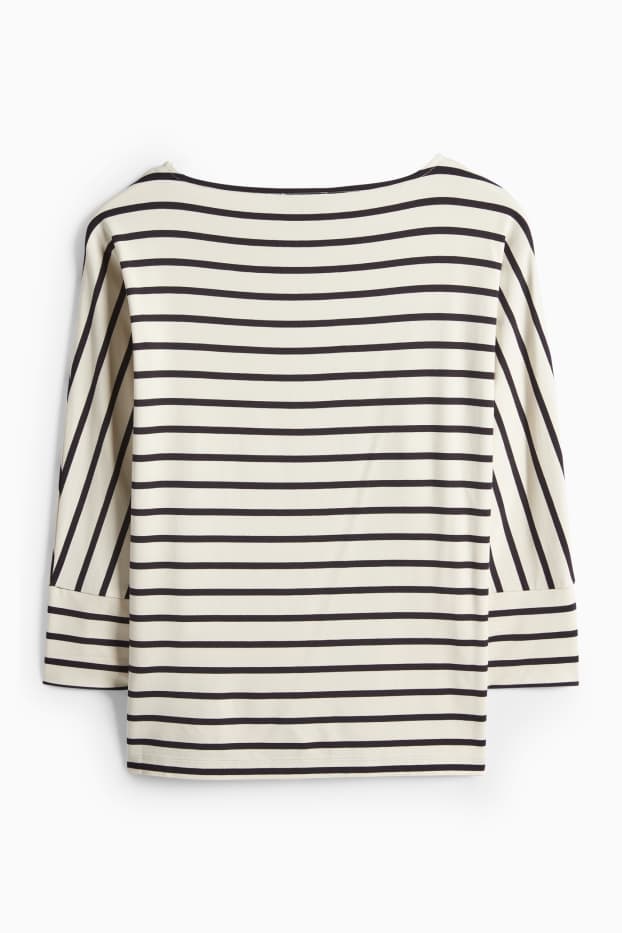 Dámské - Tričko s dlouhým rukávem basic - regular fit - pruhované - černá/béžová