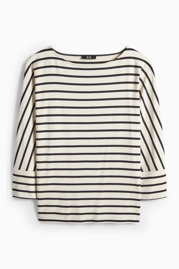 Dámské - Tričko s dlouhým rukávem basic - regular fit - pruhované - černá/béžová