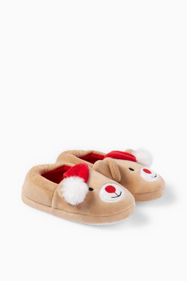 Children Girls - Reindeer - Christmas slippers - beige