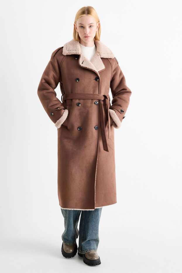 Damen - Faux Shearling Mantel - Velourslederimitat - braun