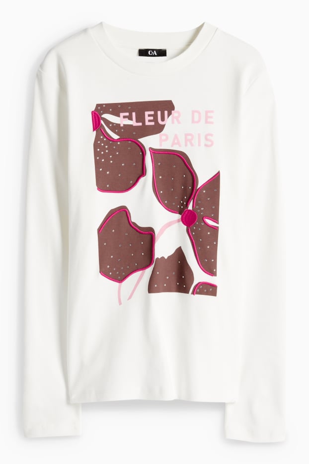 Dámské - Tričko s dlouhým rukávem se štrasovými kamínky - regular fit - bílá