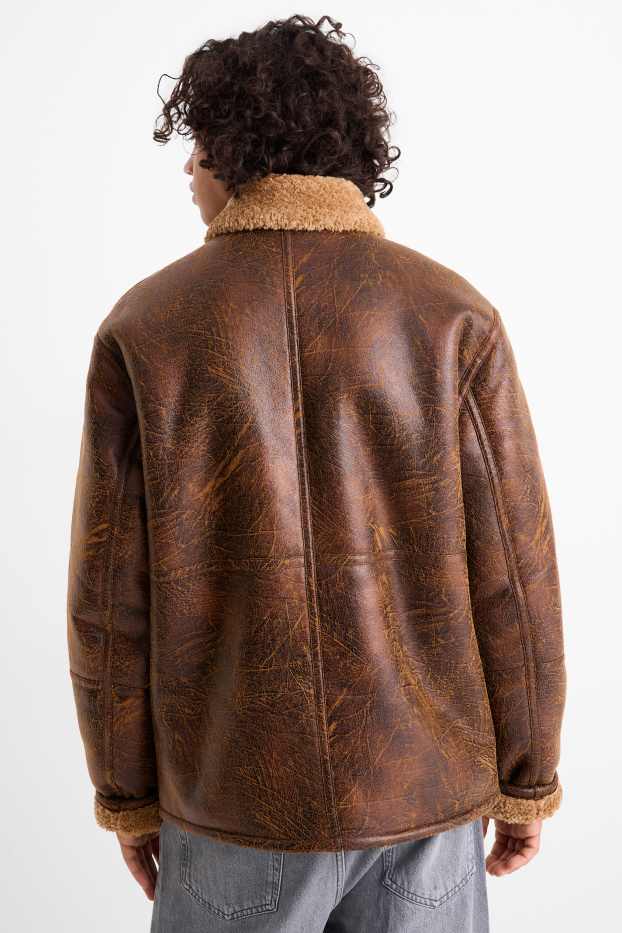 Herren - Faux Shearling Jacke - Lederimitat - braun
