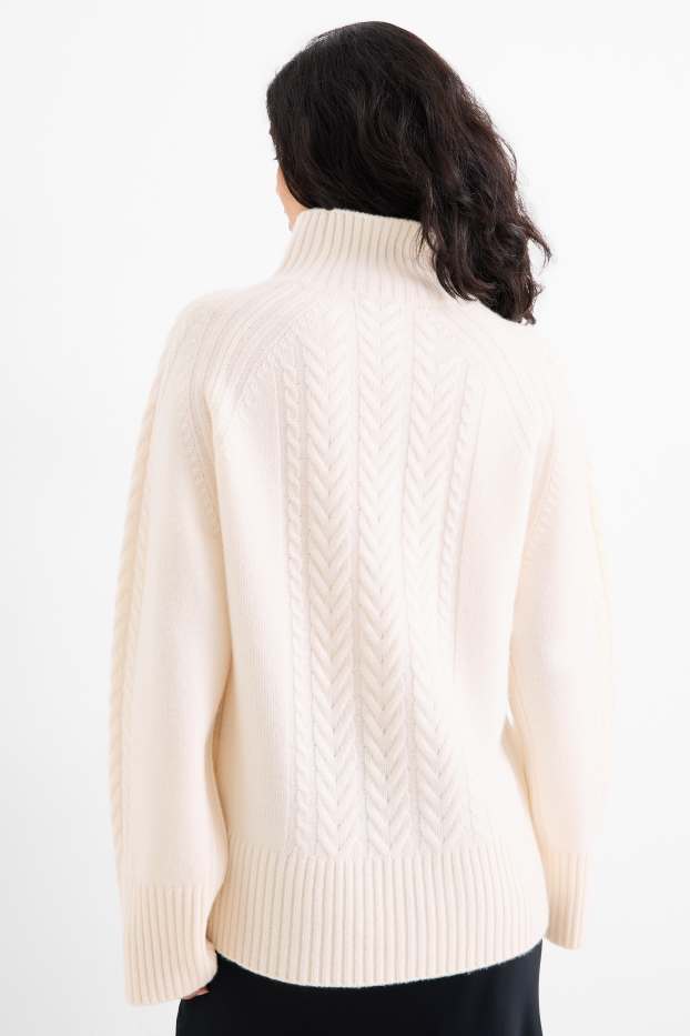 Damen - Pullover mit Kaschmir-Anteil - Woll-Mix - Zopfmuster - cremeweiß