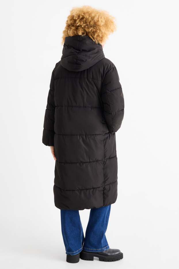 Women - Quilted coat with hood - water-repellent - black