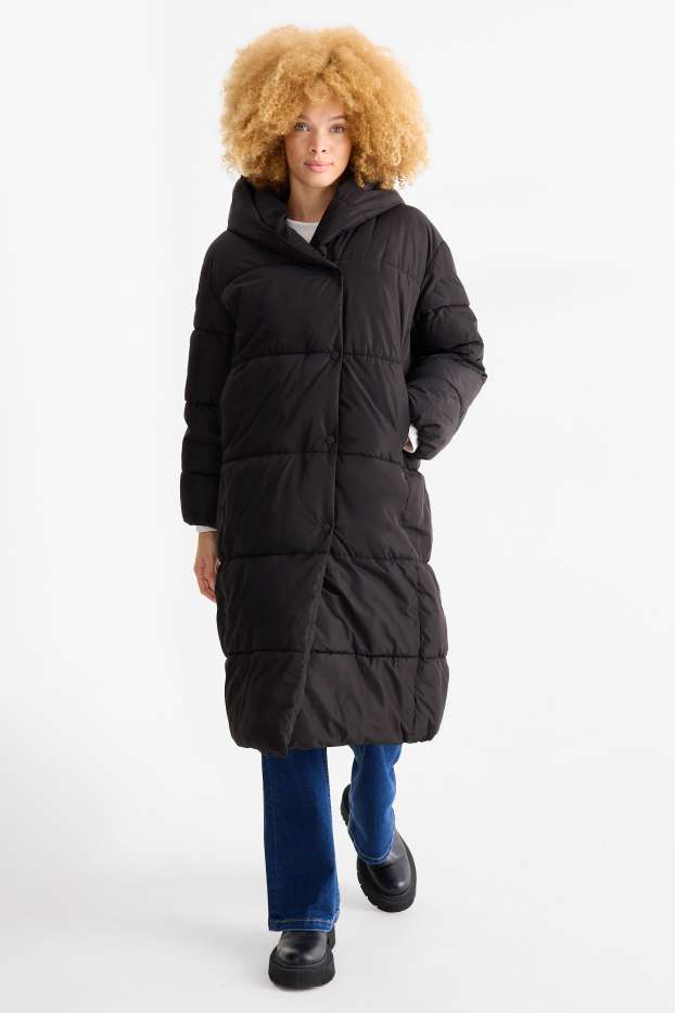 Women - Quilted coat with hood - water-repellent - black