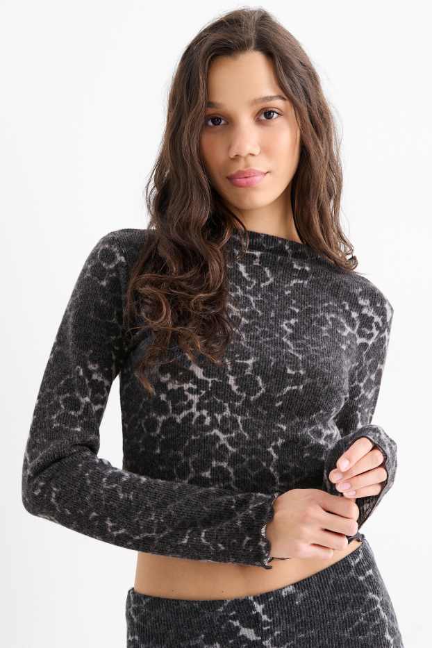 Dames - Korte longsleeve - slim fit - luipaardvelprint - zwart / grijs