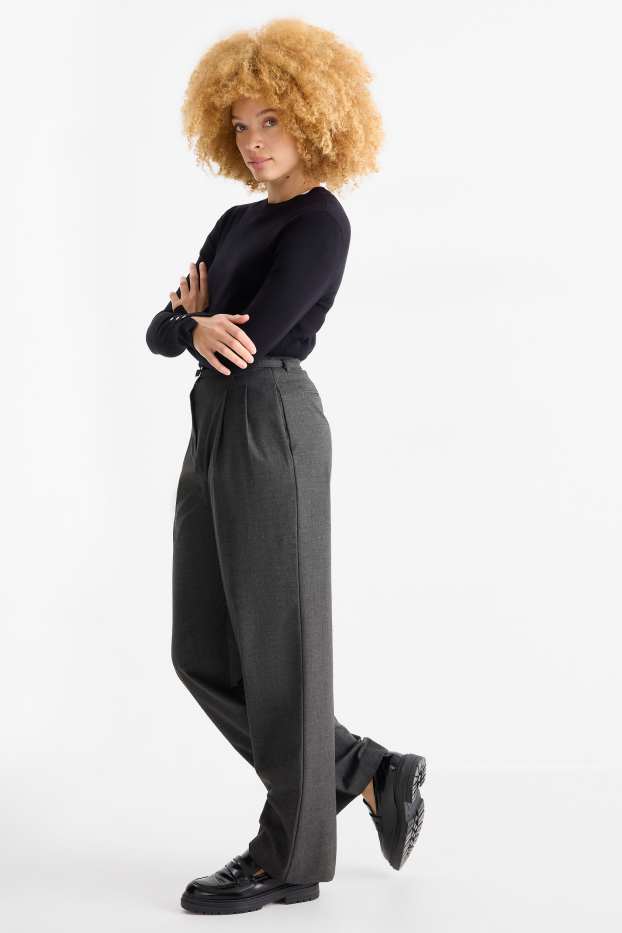 Women - Cloth trousers with belt - high-rise waist - wide leg - dark gray