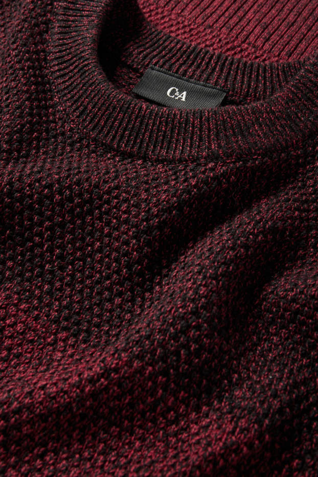 Men - Jumper - striped - textured - dark red / black