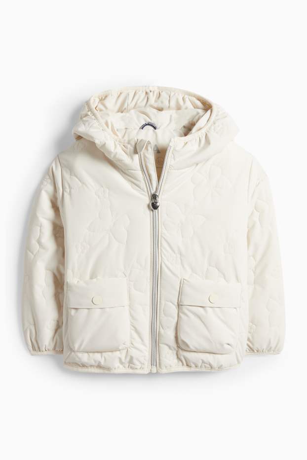 Děti - dívky - Motýli - prošívaná bunda s kapucí - z vodoodpudivého materiálu - krémově bílá