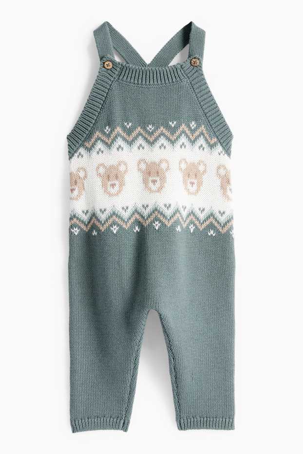 Unisex - Bärchen - Baby-Strick-Latzhose - dunkelgrün
