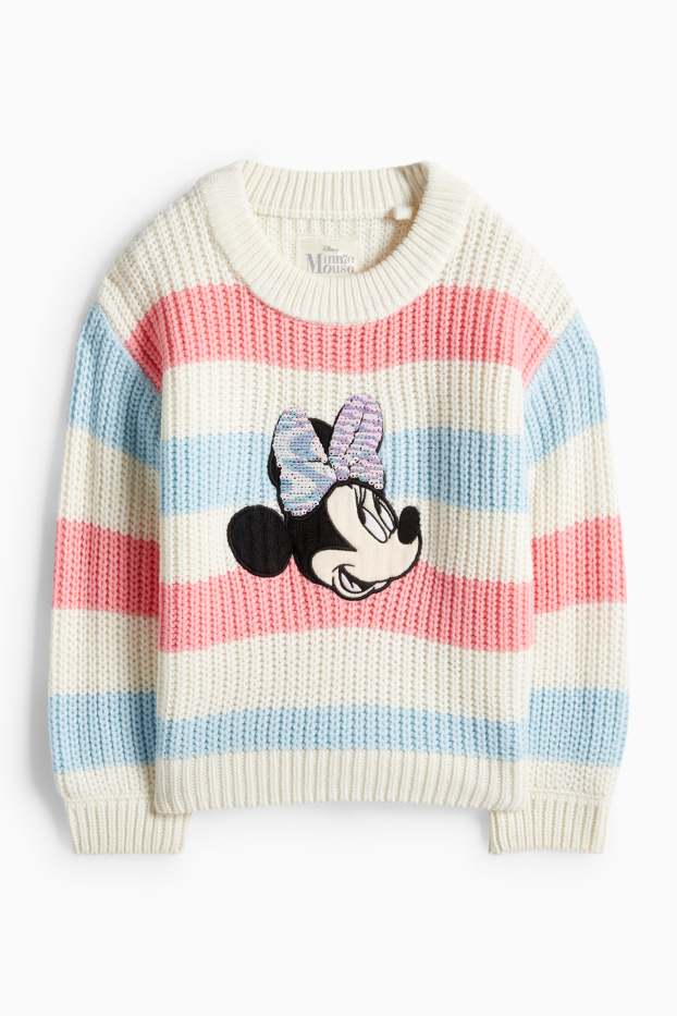 Kinderen: meisjes - Minnie Mouse - trui - geribd - glanseffect - gestreept - roze