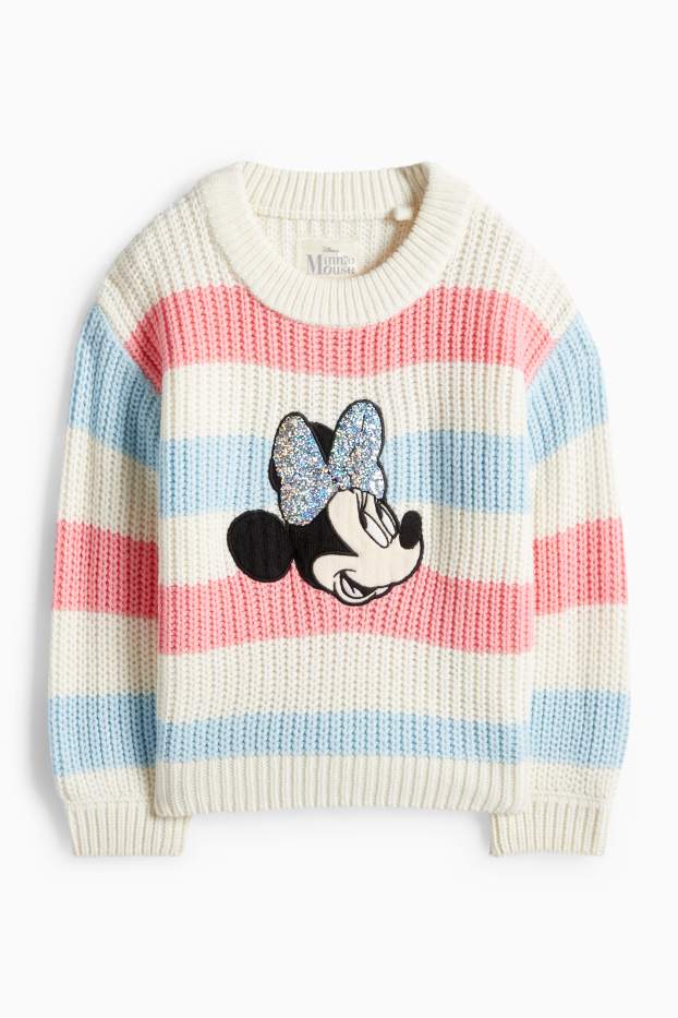 Kinderen: meisjes - Minnie Mouse - trui - geribd - glanseffect - gestreept - roze