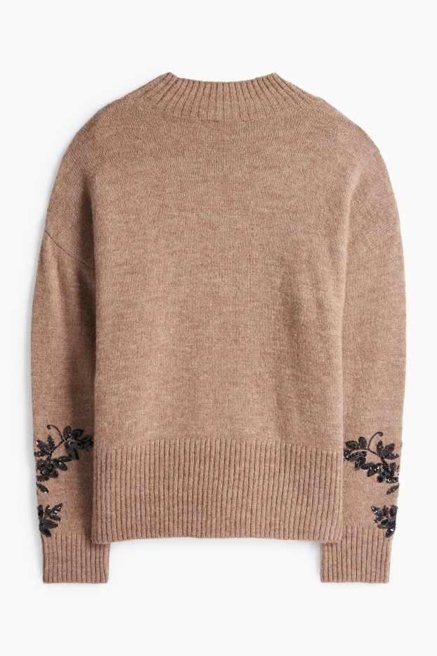 Femei - Pulover - aspect lucios - cu flori - maro