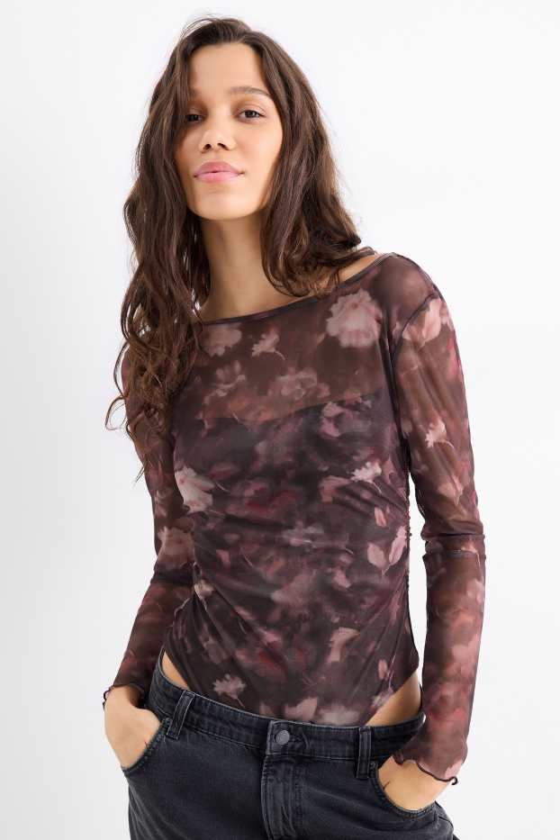 Damen - Body - Mesh - geblümt - dunkelbraun