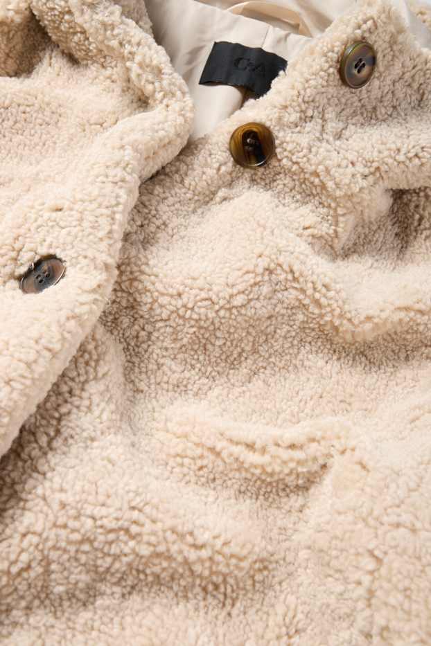 Damen - Teddy-Jacke mit Kapuze - beige