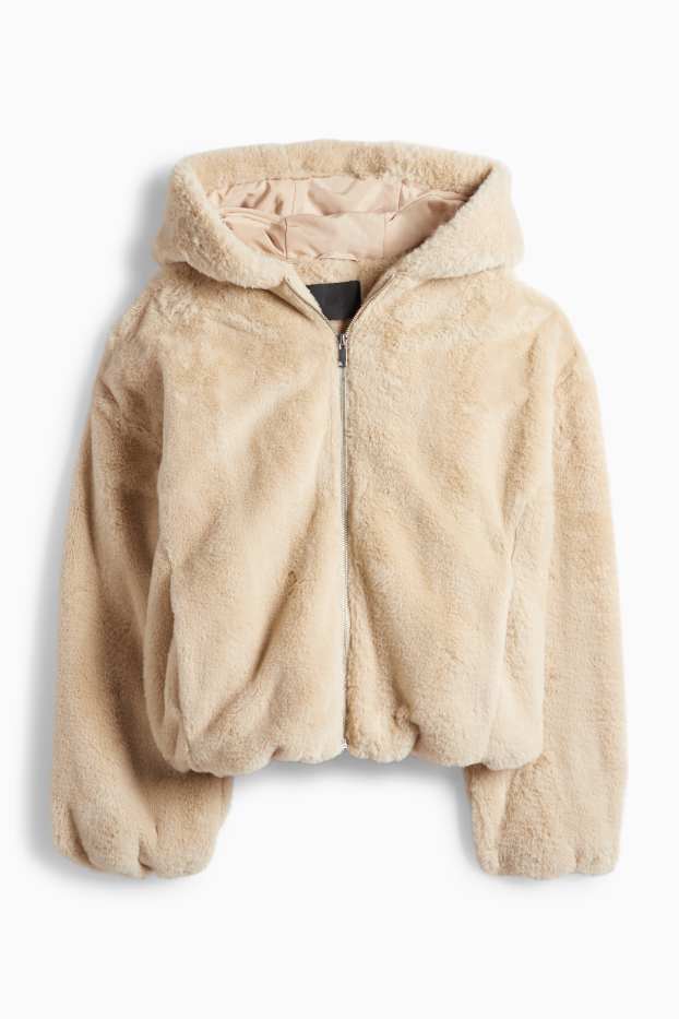 Femei - Jachetă din blană artificială cu glugă - bej